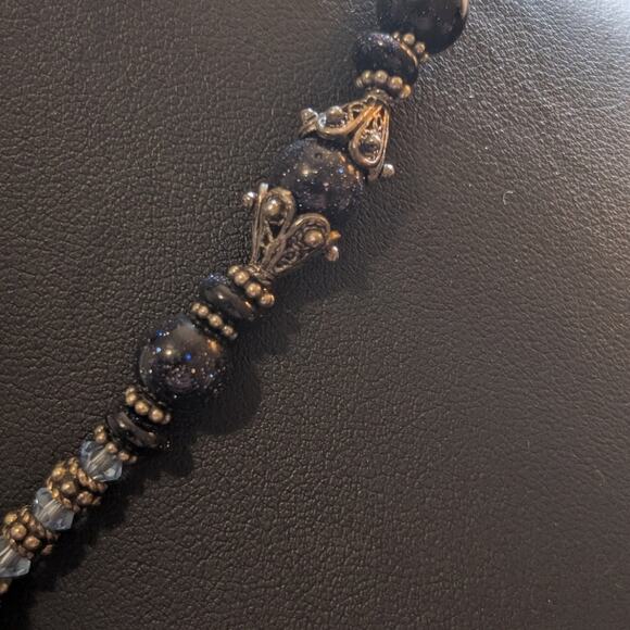 Blue Fused Glass Dangle Gold Stone Crystal Beaded 18" Necklace W/ Toggle Clasp - Picture 4 of 7